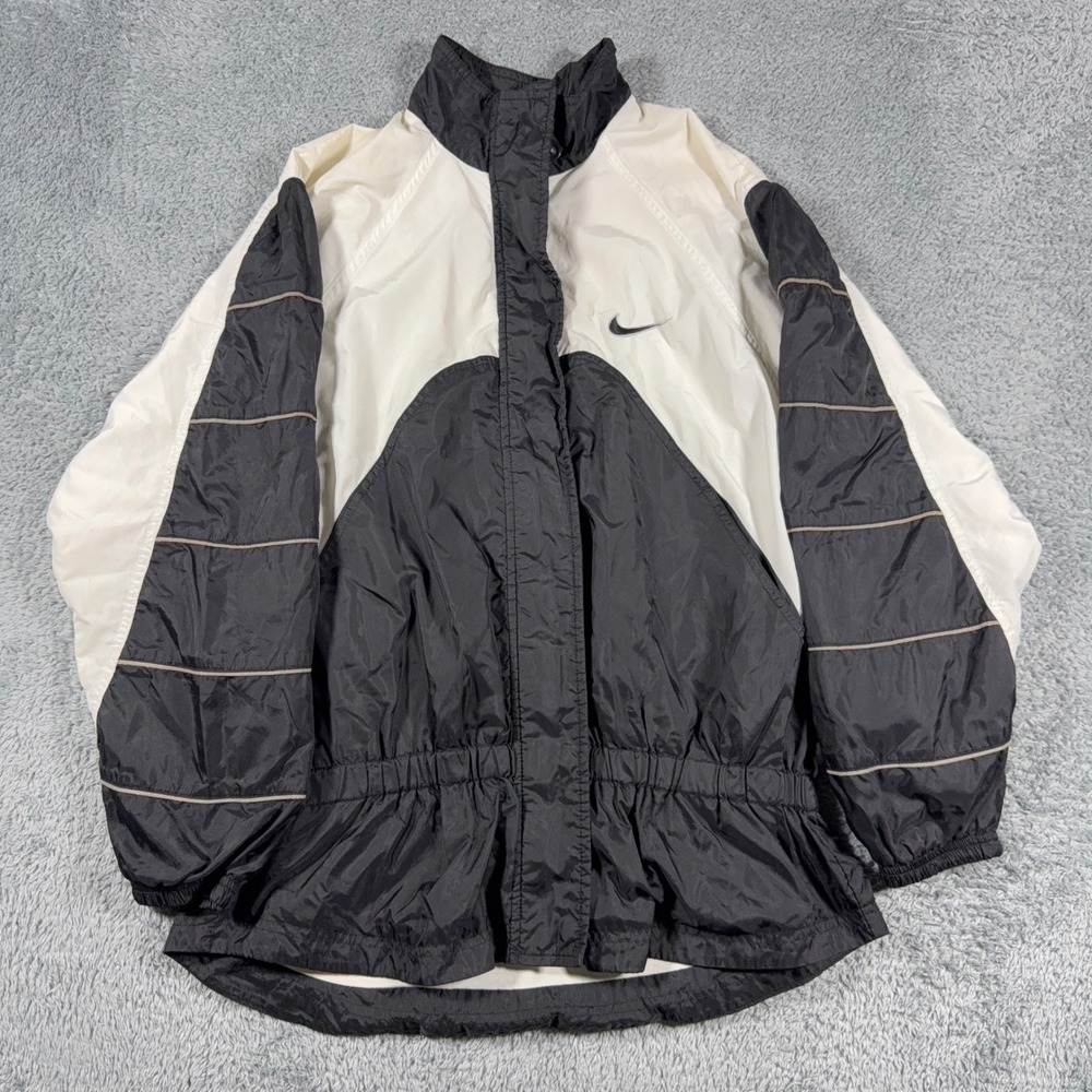 VTG 90s Nike Windbreaker Jacket Womens Medium White Black  Colorblock Spell Out